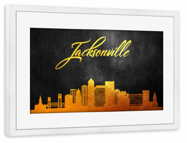 Poster mit Rahmen weiß "Jacksonville Florida Gold Skyline" artboxONE - Städte - Jacksonville,Florida,Gold,Skyline,City,Stadt