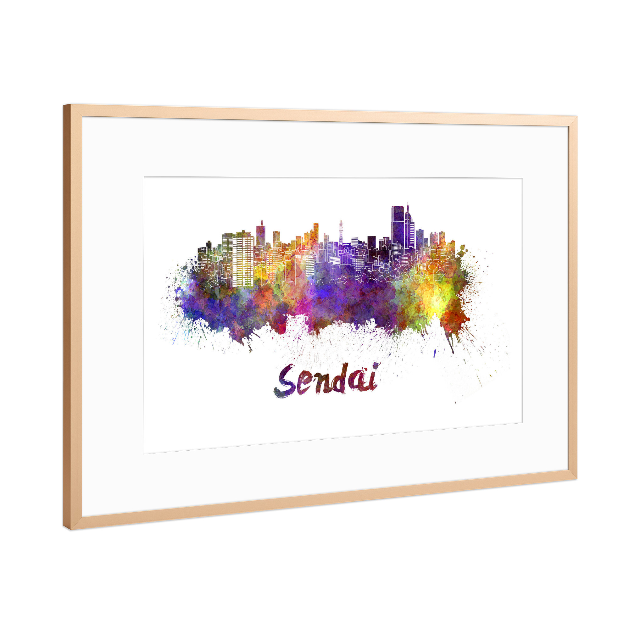 Poster mit Rahmen Kupfer "SENDAI skyline colorful" artboxONE - Städte,Abstrakt,Architektur