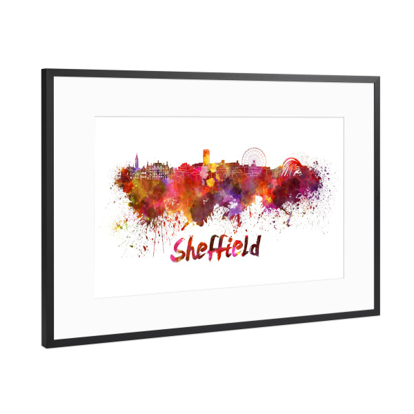 Poster mit Rahmen Schwarz (Metallic) "SHEFFIELD skyline in watercolor-x" artboxONE - Städte,Abstrakt,Architektur