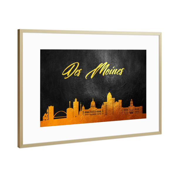 Poster mit Rahmen Gold "Des Moines Iowa Gold-Skyline" artboxONE - Städte - Des moines,Iowa,Gold,Skyline,City