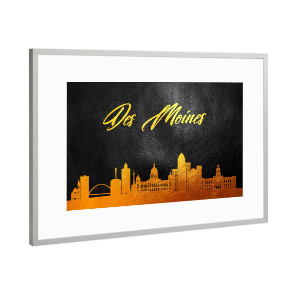 Poster mit Rahmen Silber "Des Moines Iowa Gold-Skyline" artboxONE - Städte - Des moines,Iowa,Gold,Skyline,City