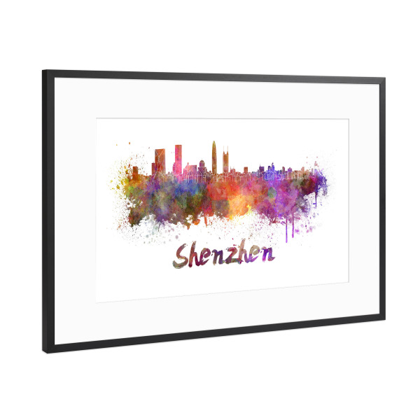 Poster mit Rahmen Schwarz (Metallic) "SHENZHEN-Skyline im Aquarell-x" artboxONE - Städte,Tiere,Abstrakt