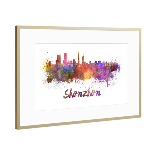 Poster mit Rahmen Gold "SHENZHEN-Skyline im Aquarell-x" artboxONE - Städte,Tiere,Abstrakt