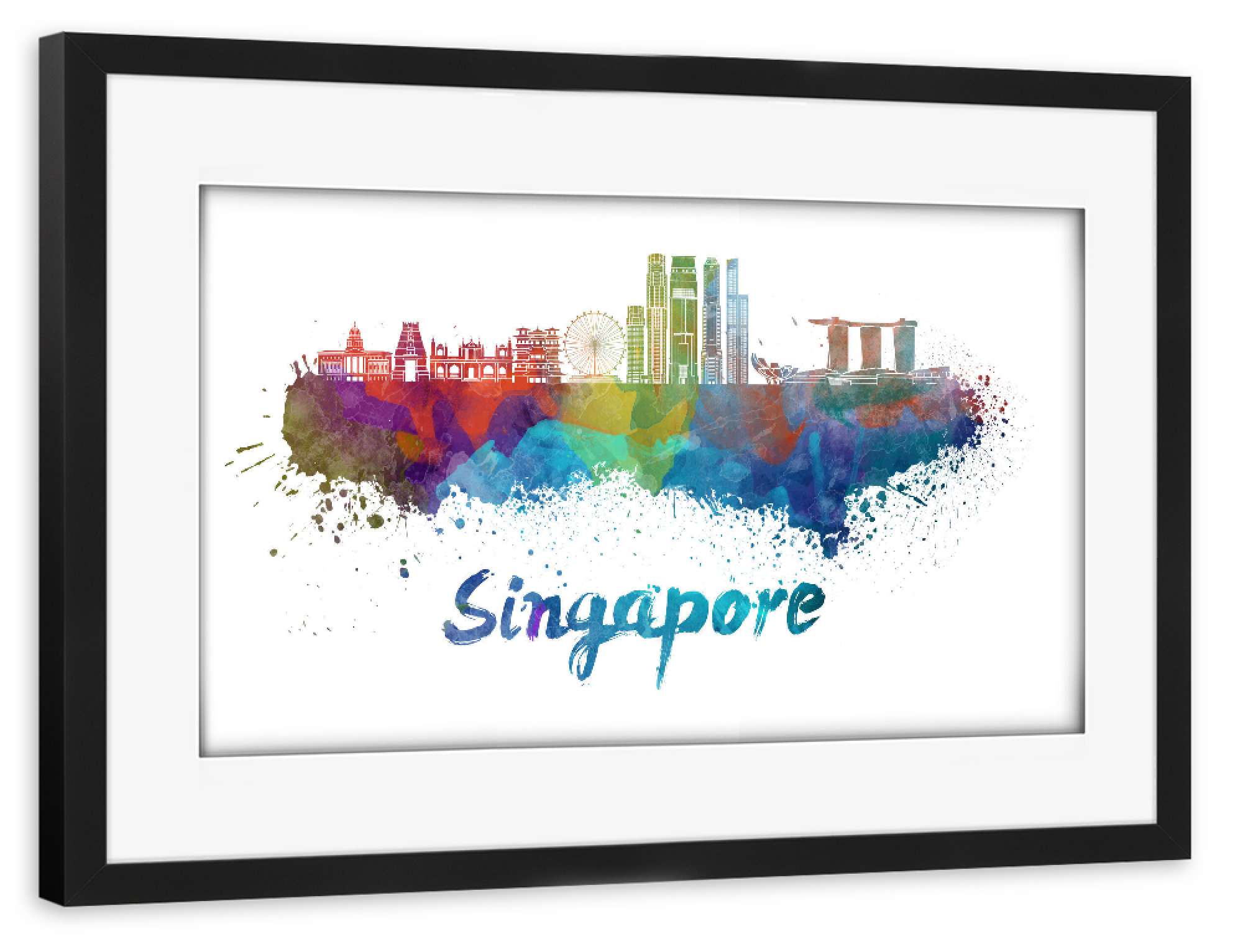 Poster mit Rahmen schwarz "SINGAPUR Skyline in Aquarell-z" artboxONE - Städte,Abstrakt,Architektur
