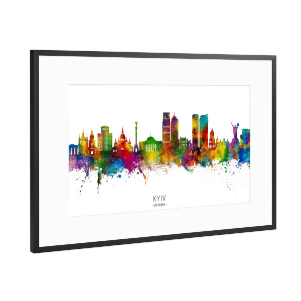 Poster mit Rahmen Schwarz (Metallic) "Kiew Ukraine Skyline txt" artboxONE - Städte - Kiew,Ukraine,Skyline,Stadtbild,Stadtbild,Aquarell,Malerei