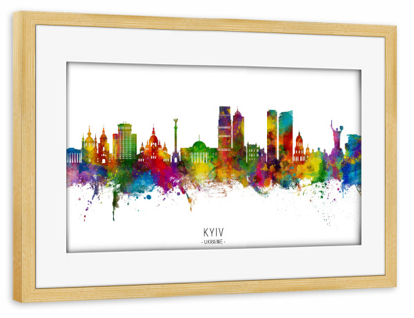 Poster mit Rahmen kiefer "Kiew Ukraine Skyline txt" artboxONE - Städte - Kiew,Ukraine,Skyline,Stadtbild,Stadtbild,Aquarell,Malerei
