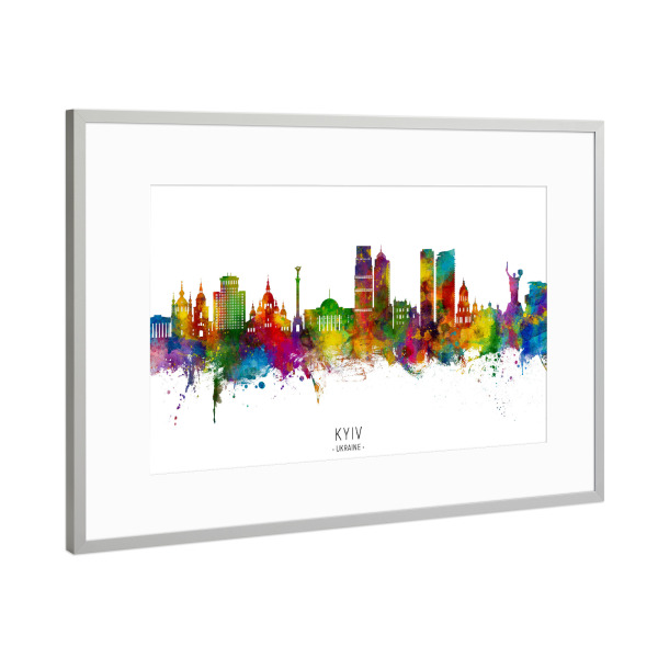 Poster mit Rahmen Silber "Kiew Ukraine Skyline txt" artboxONE - Städte - Kiew,Ukraine,Skyline,Stadtbild,Stadtbild,Aquarell,Malerei