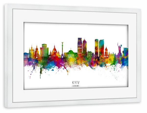 Poster mit Rahmen weiß "Kiew Ukraine Skyline txt" artboxONE - Städte - Kiew,Ukraine,Skyline,Stadtbild,Stadtbild,Aquarell,Malerei