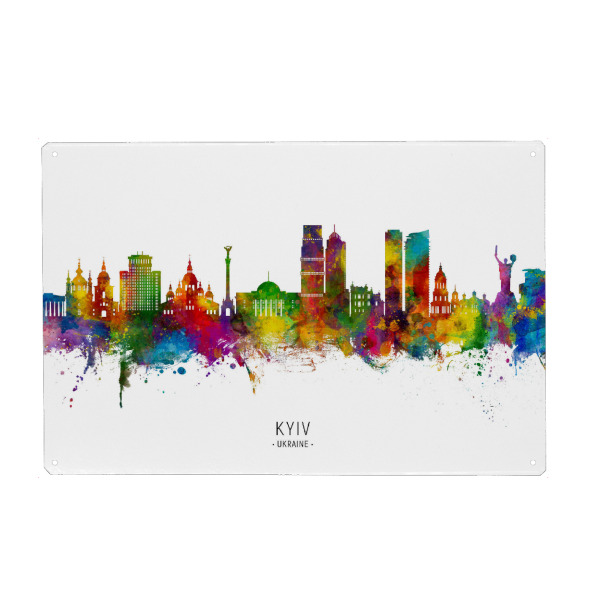 Holzbild "Kiew Ukraine Skyline txt" artboxONE - Städte - Kiew,Ukraine,Skyline,Stadtbild,Stadtbild,Aquarell,Malerei