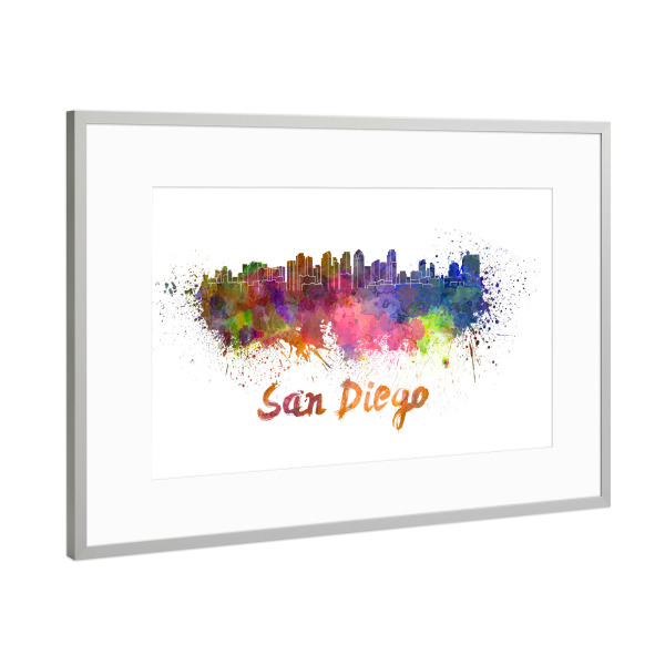Poster mit Rahmen Silber "Skyline von SAN DIEGO bunt" artboxONE - Städte,Abstrakt,Architektur