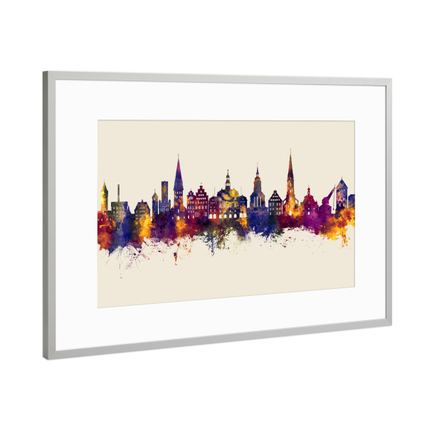 Poster mit Rahmen Silber "Lüneburg Skyline Herbst" artboxONE - Städte - Lüneburg,Deutschland,Skyline,Stadtbild,Stadtbild,Aquarell,Malerei