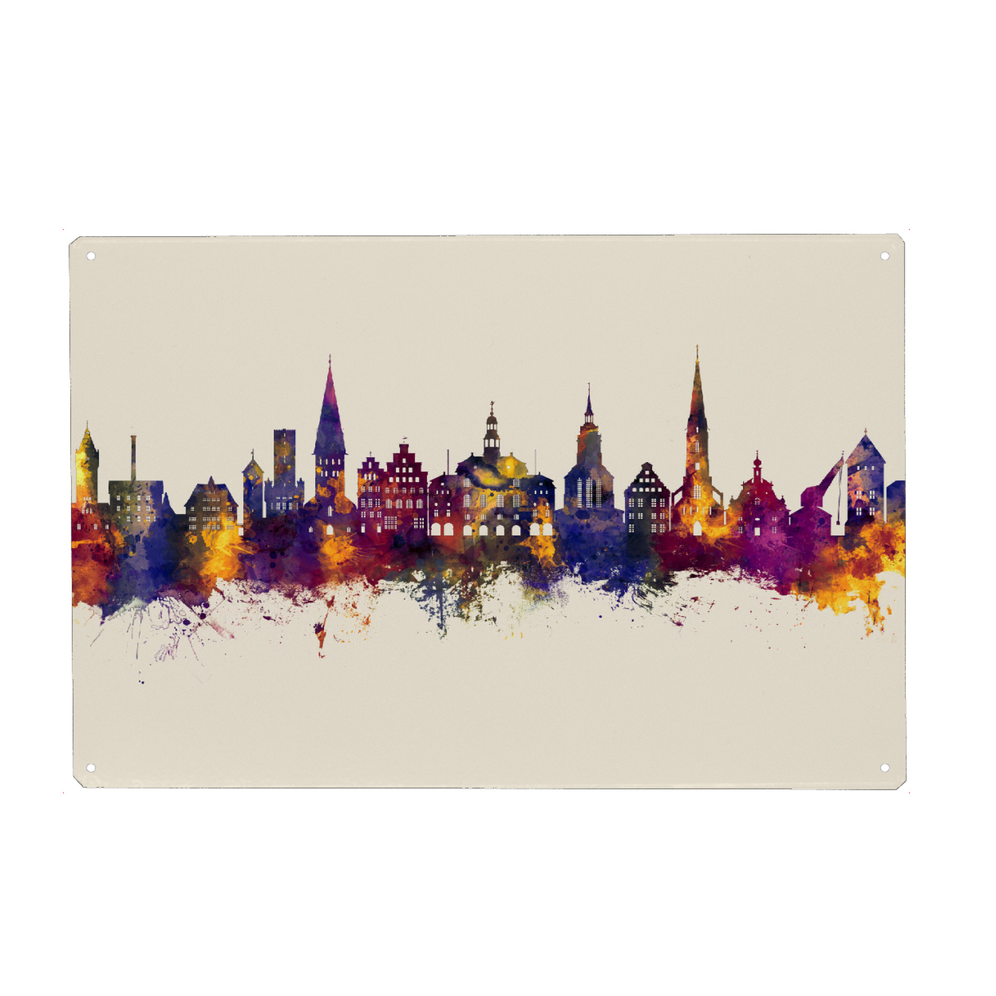 Metall Poster "Lüneburg Skyline Herbst" artboxONE - Städte - Lüneburg,Deutschland,Skyline,Stadtbild,Stadtbild,Aquarell,Malerei - Blechschild