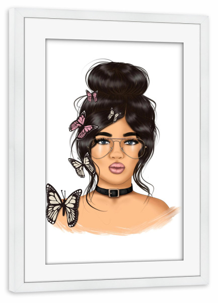 Poster mit Rahmen weiß "Frau mit Schmetterlingen" artboxONE - Tiere,Menschen,Fashion,Festivals