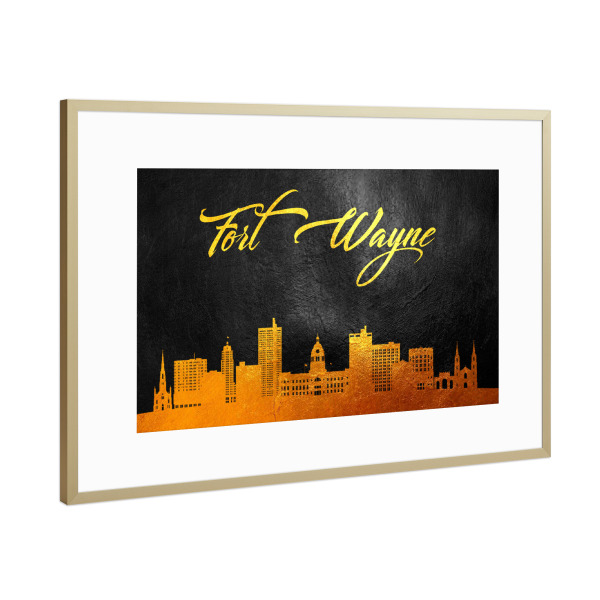 Poster mit Rahmen Gold "Fort Wayne Indiana Gold Skyline" artboxONE - Städte - Wayne,Indiana,Gold,Skyline gegangen,Stadt