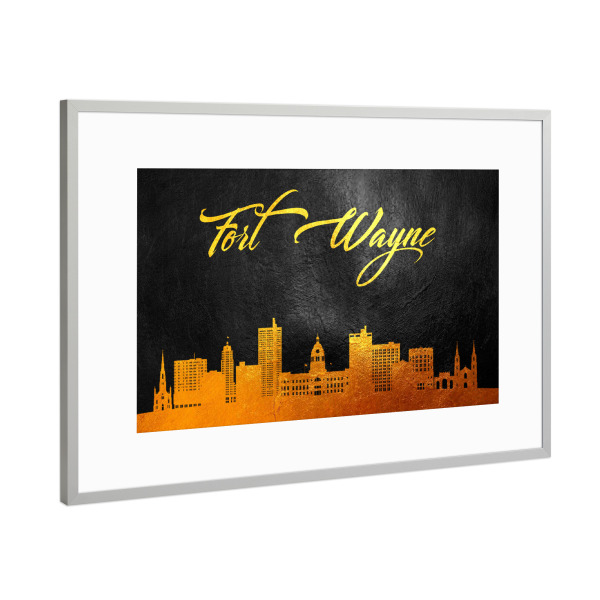 Poster mit Rahmen Silber "Fort Wayne Indiana Gold Skyline" artboxONE - Städte - Wayne,Indiana,Gold,Skyline gegangen,Stadt