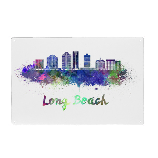 Holzbild "LONG BEACH-v2-Skyline" artboxONE - Städte,Abstrakt,Architektur - Skyline,Tourismus,Stadt,Reise,Aquarell,Speicher,Langer strand,Bunt