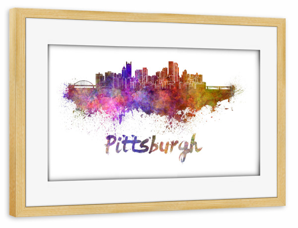 Poster mit Rahmen kiefer "PITTSBURGH-Skyline im Aquarell" artboxONE - Städte,Abstrakt,Architektur