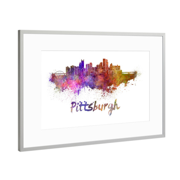 Poster mit Rahmen Silber "PITTSBURGH-Skyline im Aquarell" artboxONE - Städte,Abstrakt,Architektur