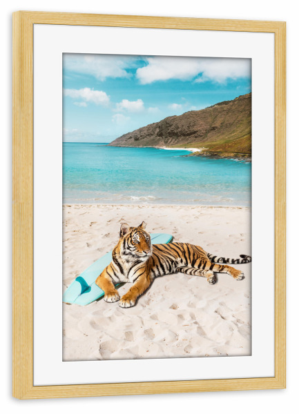 Poster mit Rahmen kiefer "Tigers Surf Beach" artboxONE - Für Kinder,Tiere,Musik,Reise / Strand und Meer,Für Papa