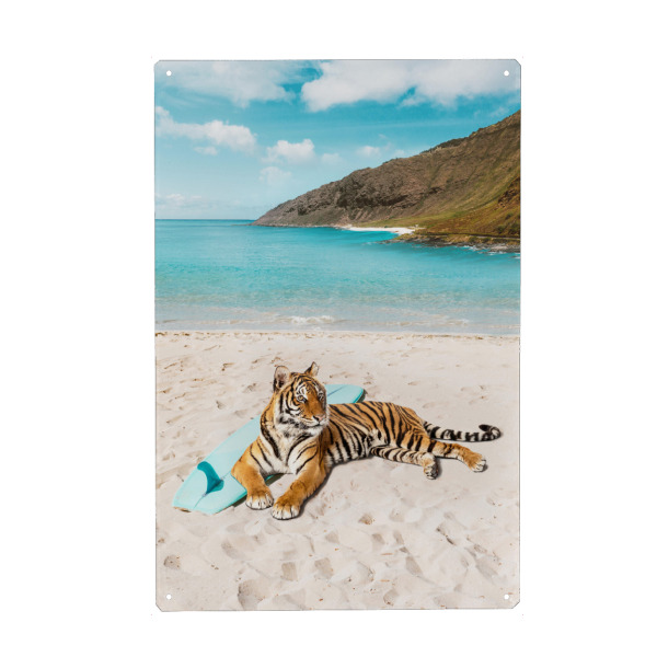 Metall Poster "Tigers Surf Beach" artboxONE - Für Kinder,Tiere,Musik,Reise / Strand und Meer,Für Papa
