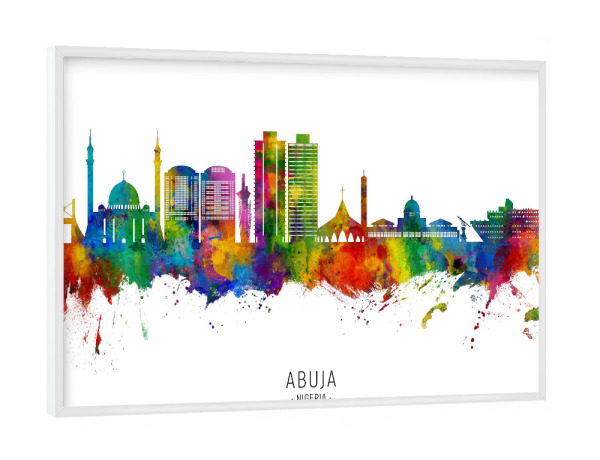 Poster mit weißem Rahmen "Abuja Nigeria Skyline txt" artboxONE - Städte - Abuja,Nigeria,Skyline,Stadtbild,Stadtbild,Aquarell,Malerei