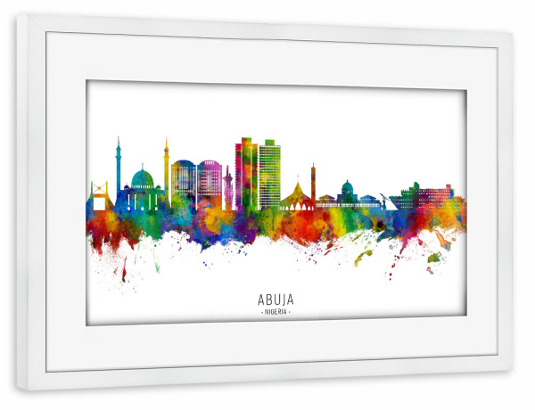 Poster mit Rahmen weiß "Abuja Nigeria Skyline txt" artboxONE - Städte - Abuja,Nigeria,Skyline,Stadtbild,Stadtbild,Aquarell,Malerei