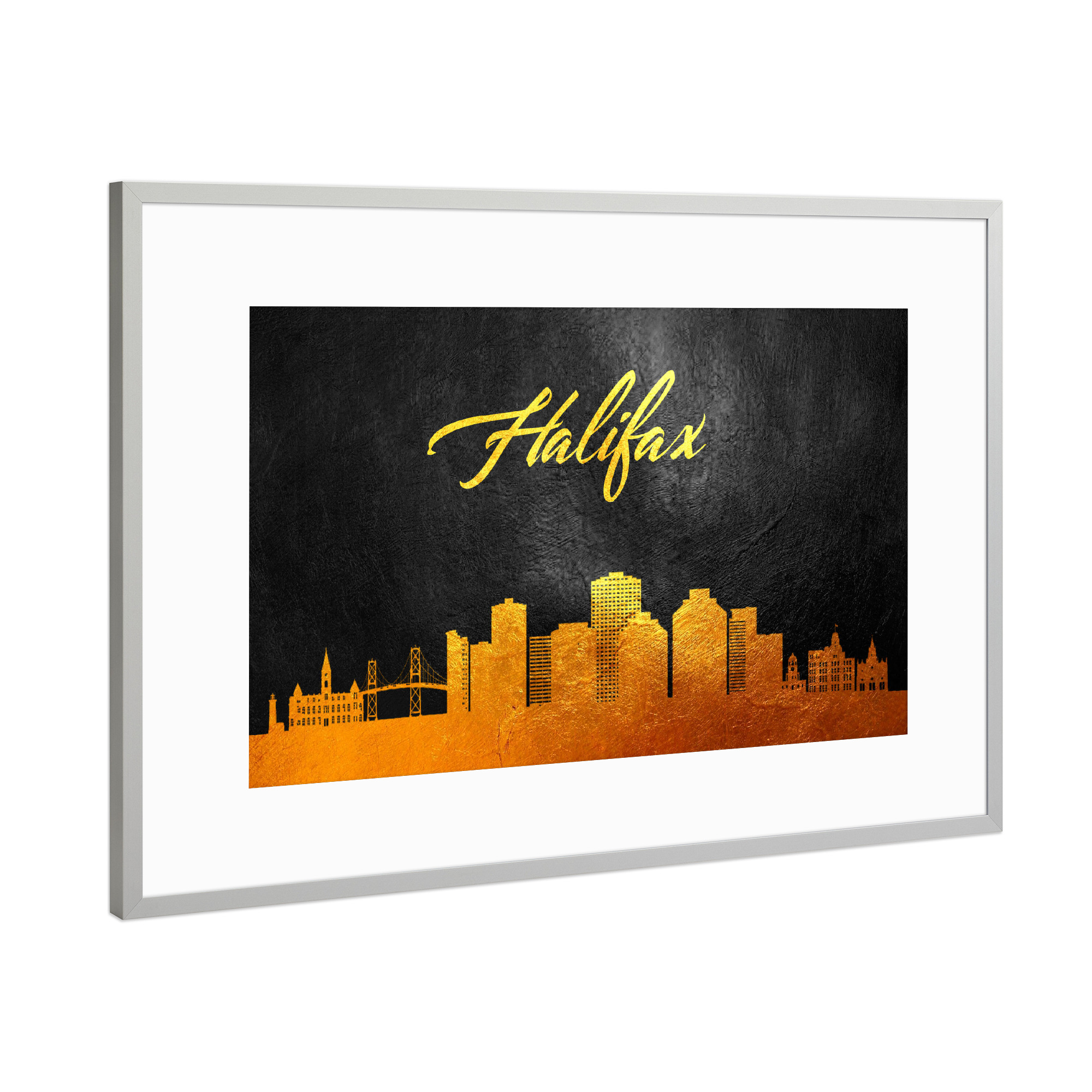 Poster mit Rahmen Silber "Halifax Canada Gold Skyline" artboxONE - Städte - Halifax,Kanada,Gold,Skyline,Stadt