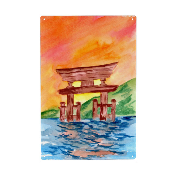 Metall Poster "Hölzernes Tempeltor" artboxONE - Natur,Reise,Architektur - Tempel,Schrein,Tor,Wasser,See,Hügel,Himmel,Sonnenuntergang,Sonnenaufgang