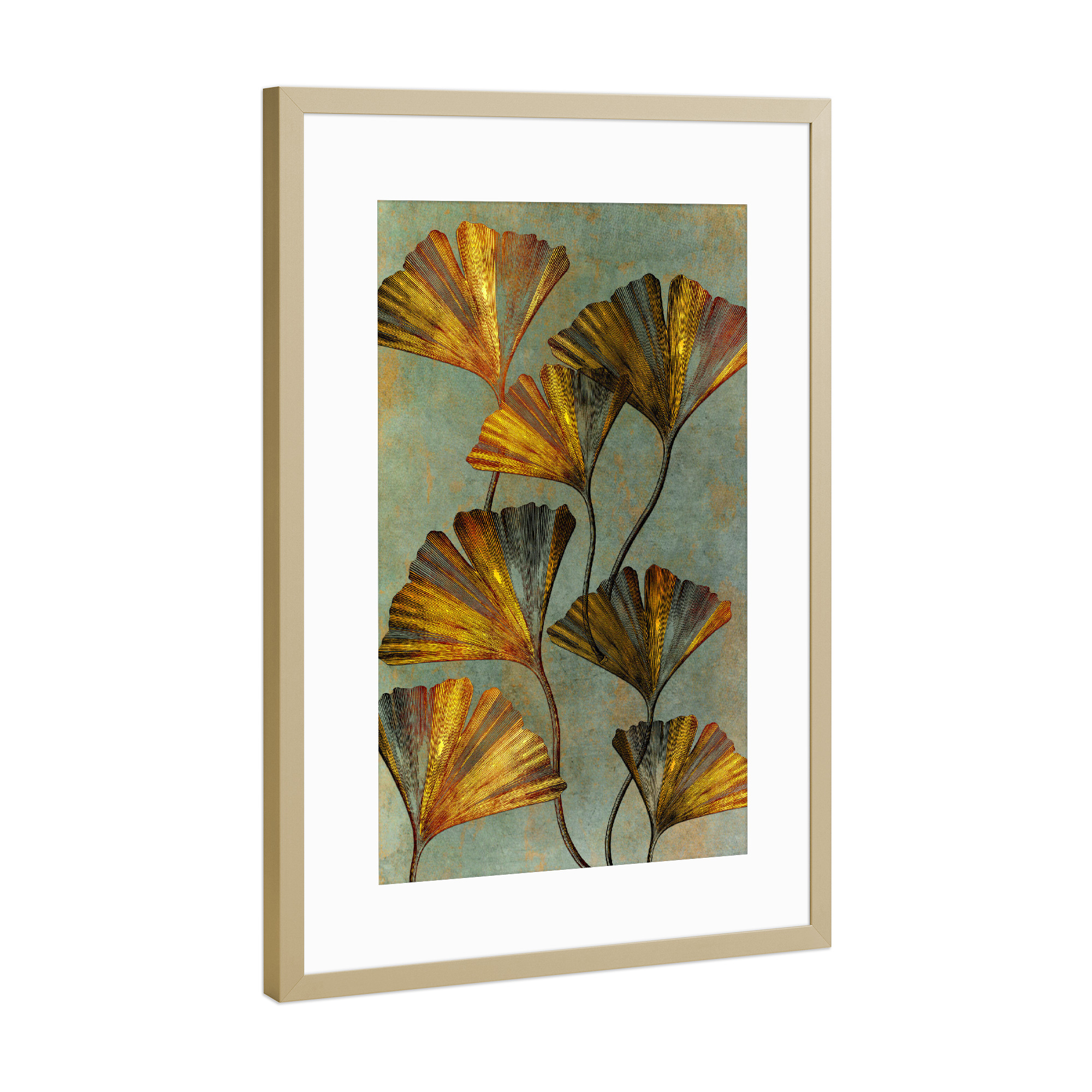 Poster mit Rahmen Gold "Ginko-Blattgold" artboxONE - Natur,Floral - Gingko,Ginko biloba,Ginkgo,Botanik,Botanik,Blatt,Baum,Pflanze