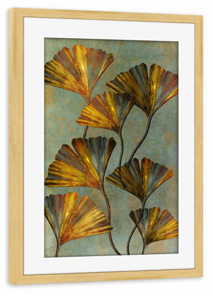 Poster mit Rahmen kiefer "Ginko-Blattgold" artboxONE - Natur,Floral - Gingko,Ginko biloba,Ginkgo,Botanik,Botanik,Blatt,Baum,Pflanze