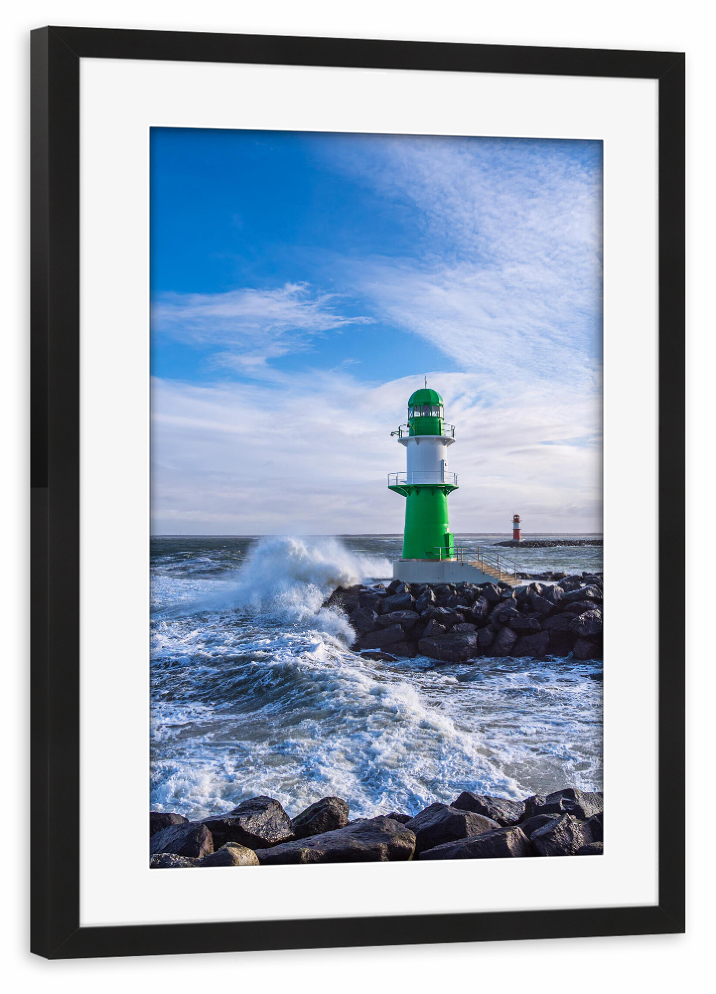 Poster mit Rahmen schwarz "Steine, Welle, Molentürme" artboxONE - Natur,Reise,Architektur,Reise / Strand und Meer