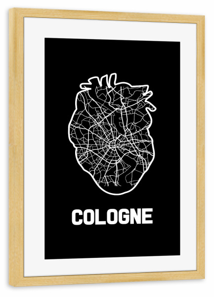 Poster mit Rahmen kiefer "Kölner Herzkarte" artboxONE - Städte / Köln,Reise,Kartografie - Köln,Karte,Karten,Stadt,Städte,Stadtplan,Herz