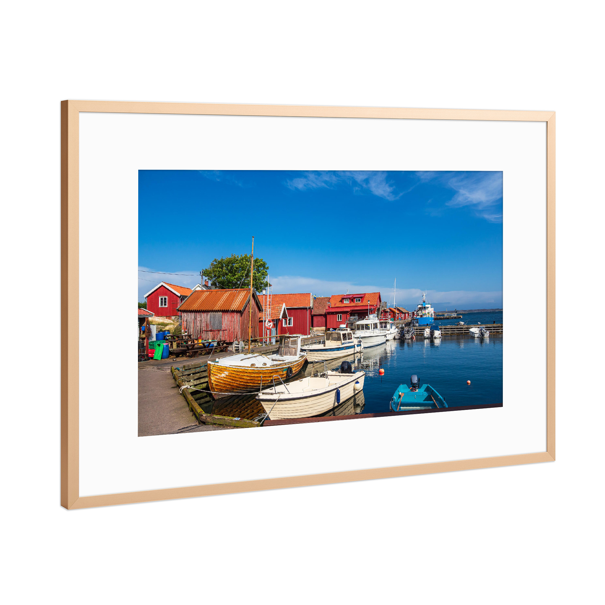 Poster mit Rahmen Kupfer "Boote, Hafen und Holzhäuser" artboxONE - Natur,Reise,Architektur,Reise / Strand und Meer,Reise / Länder