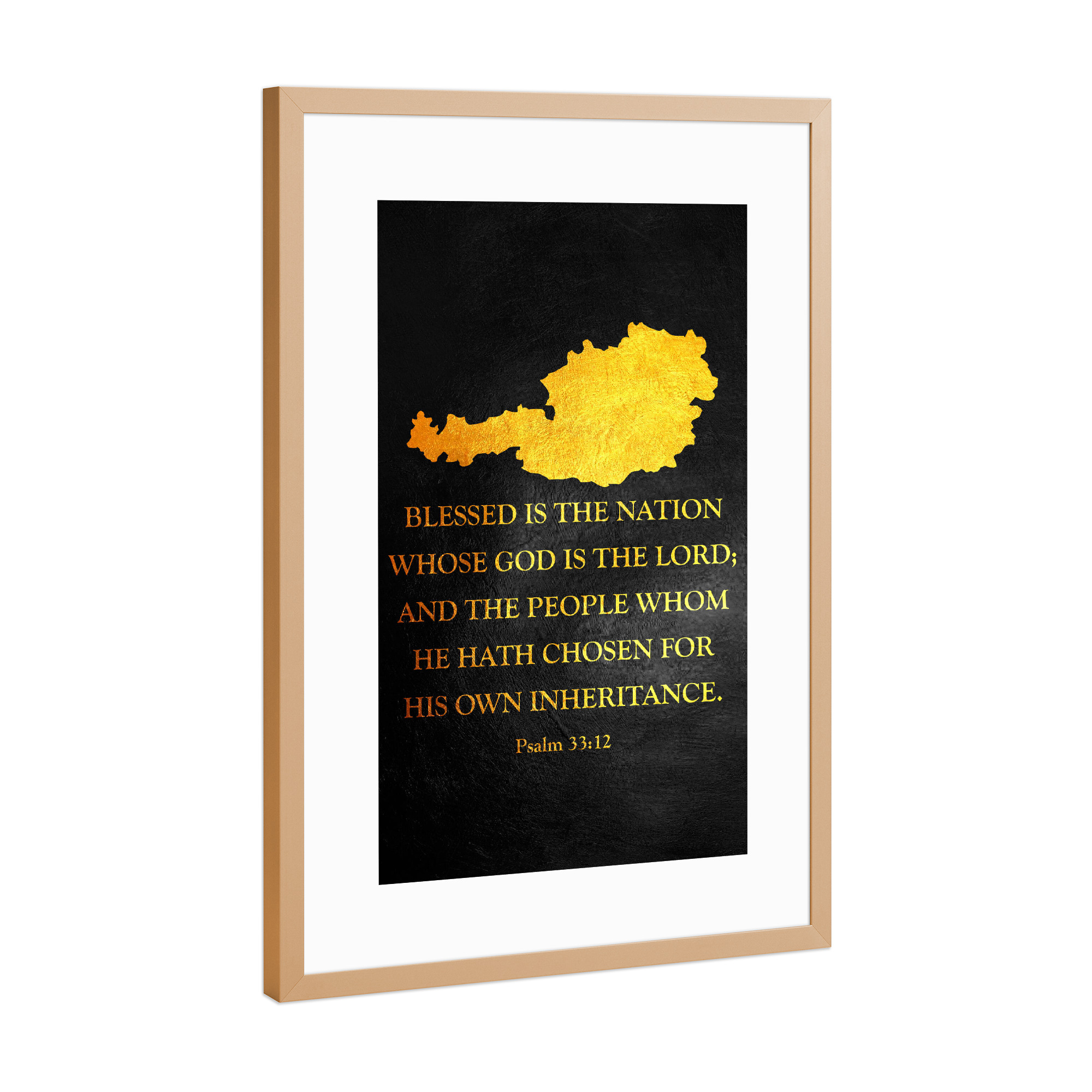 Poster mit Rahmen Kupfer "Österreich-Bibelvers-Goldkarte" artboxONE - Reise / Länder - österreich,Gold,Karte