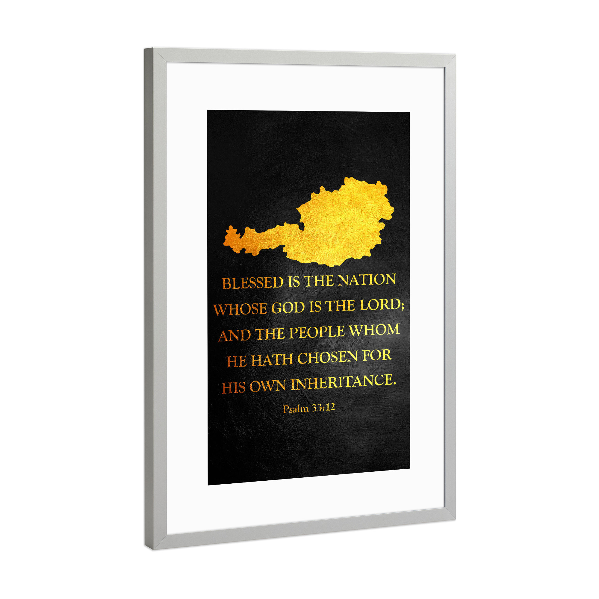 Poster mit Rahmen Silber "Österreich-Bibelvers-Goldkarte" artboxONE - Reise / Länder - österreich,Gold,Karte