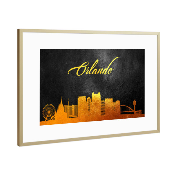 Poster mit Rahmen Gold "Goldene Skyline Orlandos Florida" artboxONE - Städte - Orlando,Florida,Gold,Skyline,Stadt
