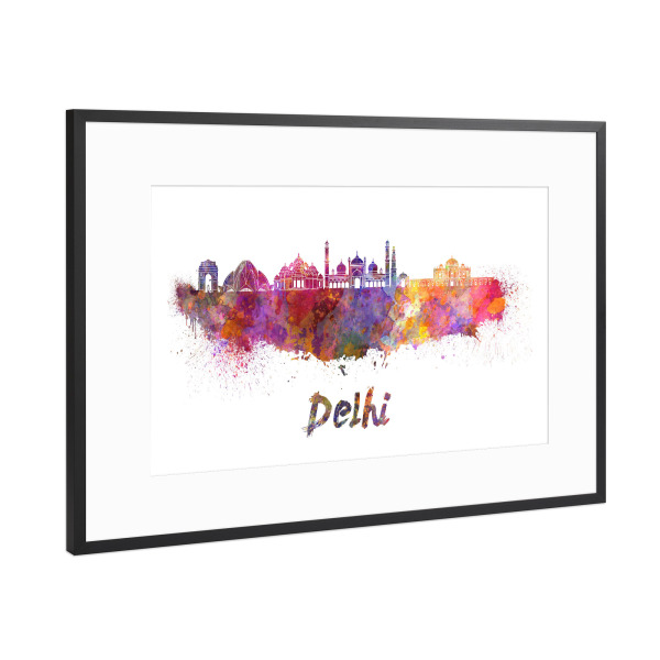 Poster mit Rahmen Schwarz (Metallic) "Horizonte de DELHI en acuarela-b" artboxONE - Städte,Abstrakt,Architektur