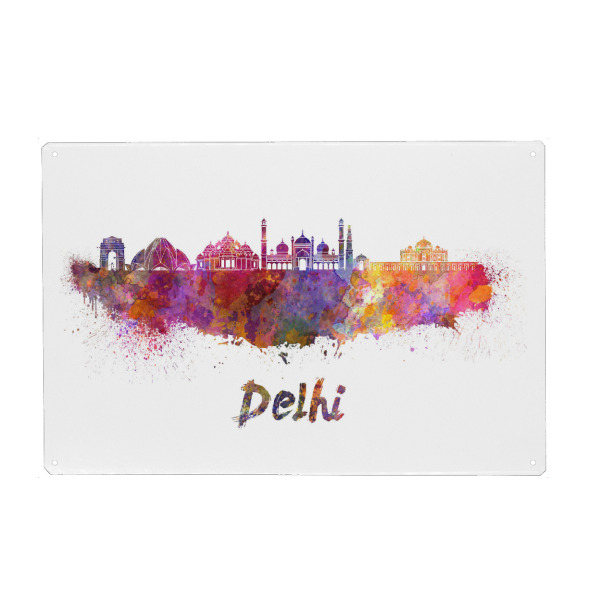 Holzbild "Horizonte de DELHI en acuarela-b" artboxONE - Städte,Abstrakt,Architektur - Skyline,Stadt,Denkmäler,Reise,Tourismus,Farbe,Illustration,Delhi