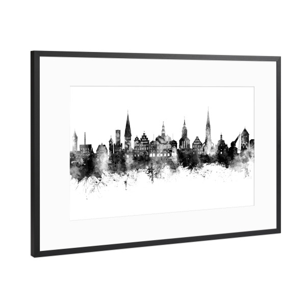 Poster mit Rahmen Schwarz (Metallic) "Lüneburg Germany Skyline bw" artboxONE - Städte,Schwarzweiß