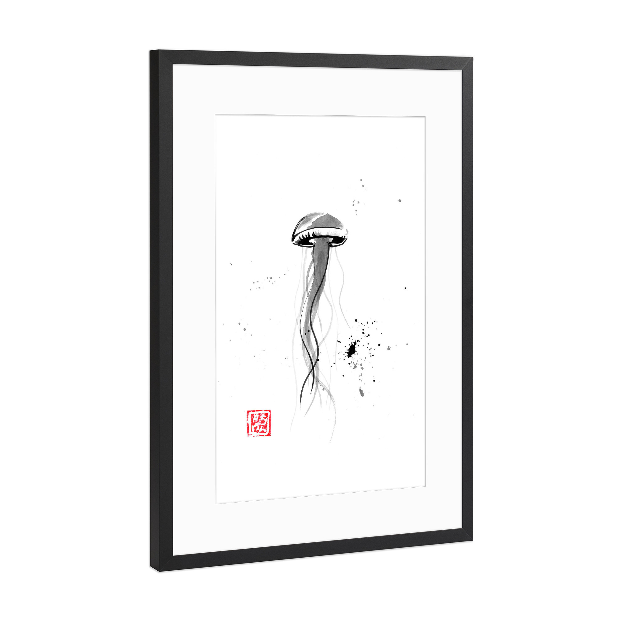 Poster mit Rahmen Schwarz (Metallic) "Jellifish spot" artboxONE - Tiere,Schwarzweiß - Qualle,Sumie,Japan,Tier,Schwarzweiß