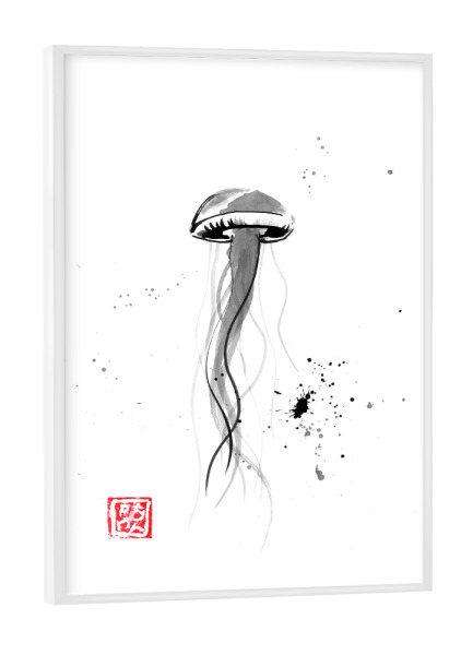 Poster mit weißem Rahmen "Jellifish spot" artboxONE - Tiere,Schwarzweiß - Qualle,Sumie,Japan,Tier,Schwarzweiß