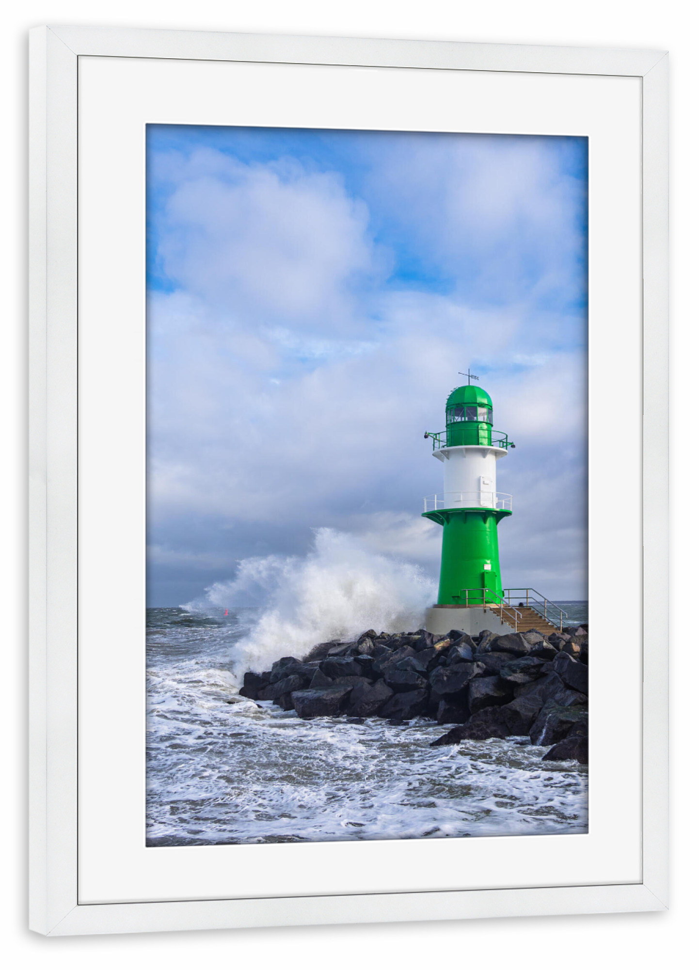 Poster mit Rahmen weiß "Ostsee, Welle, Molenturm" artboxONE - Natur,Reise,Architektur,Reise / Strand und Meer