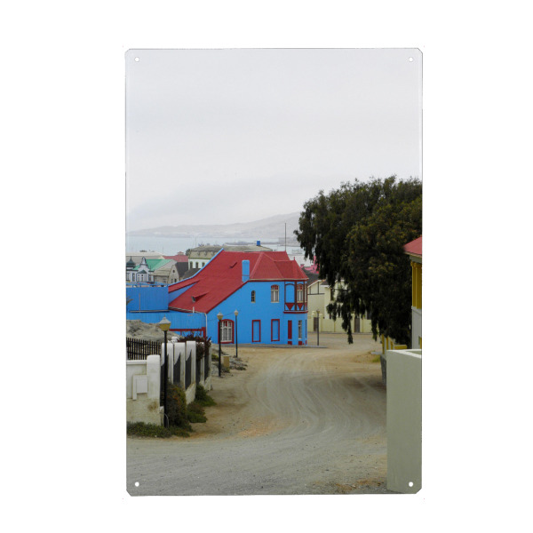 Holzbild "Blaues Haus in Lüderitzbucht" artboxONE - Reise,Architektur,Reise / Strand und Meer,Reise / Afrika,Reise / Länder