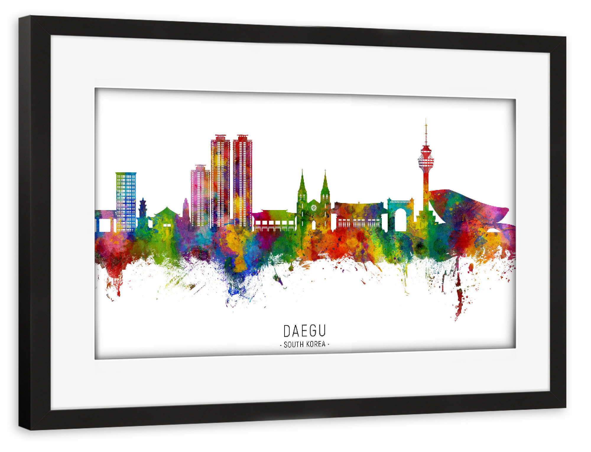 Poster mit Rahmen schwarz "Daegu Skyline Südkorea txt" artboxONE - Städte - Daegu,Südkorea,Skyline,Stadtbild,Stadtbild,Aquarell,Malerei