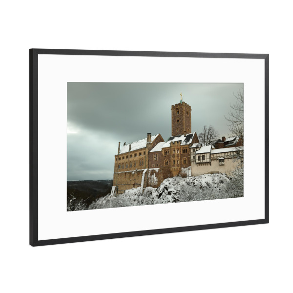 Poster mit Rahmen Schwarz (Metallic) "Die Wartburg im Winter" artboxONE - Architektur
