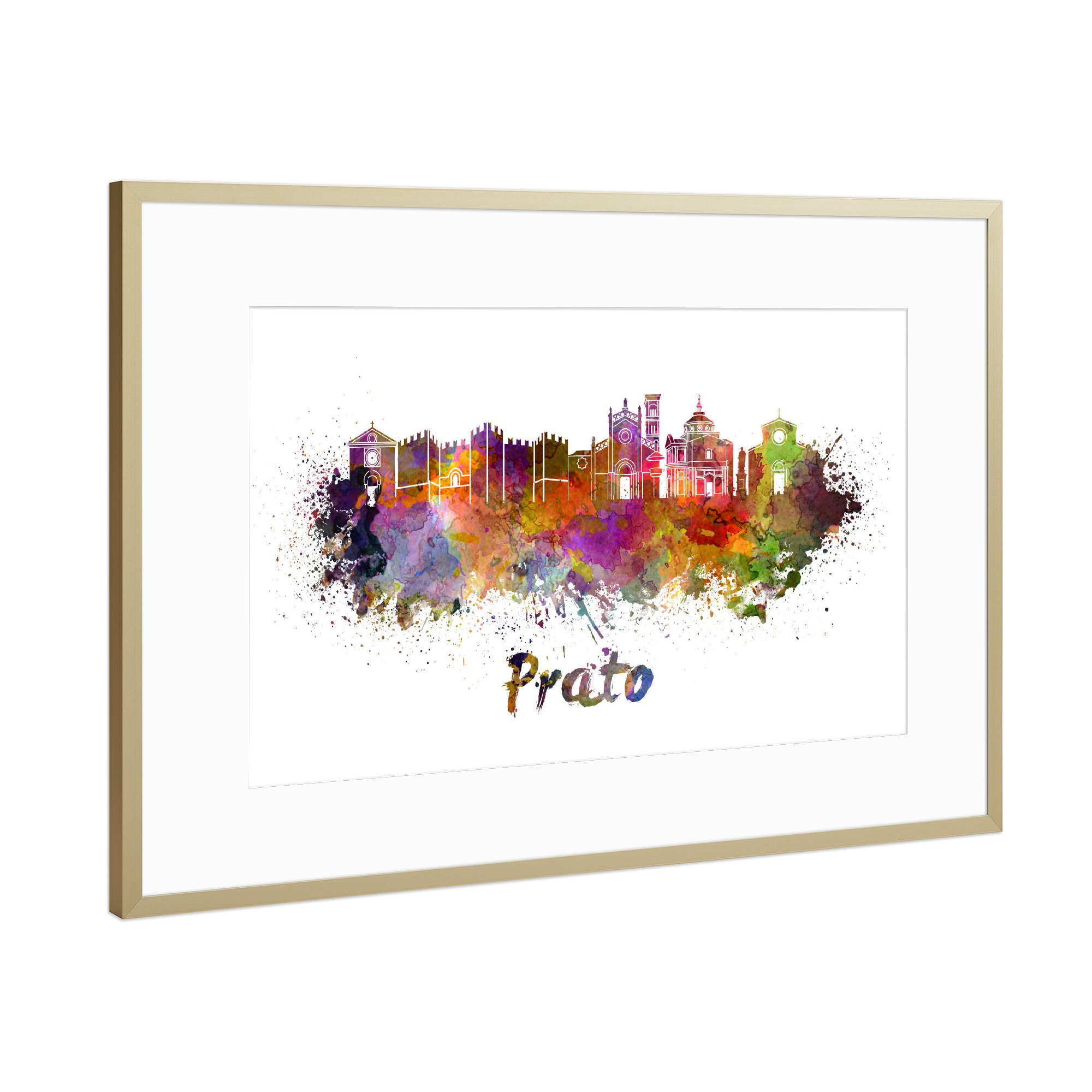 Poster mit Rahmen Gold "PRATO-Skyline in Aquarell" artboxONE - Städte,Abstrakt,Architektur