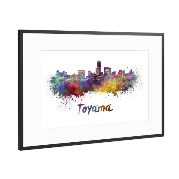 Poster mit Rahmen Schwarz (Metallic) "TOYAMA-Skyline in Aquarell-x" artboxONE - Städte,Abstrakt,Architektur