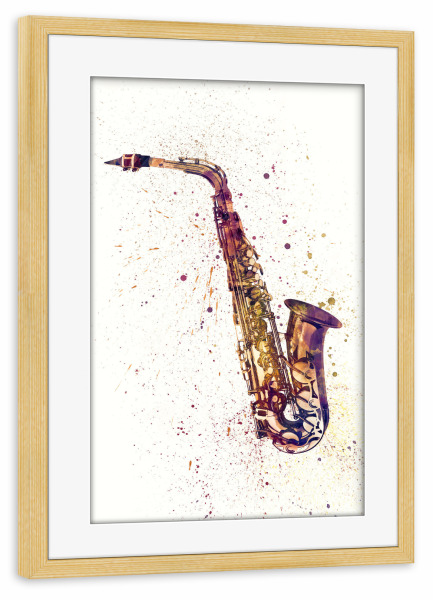 Poster mit Rahmen kiefer "Saxophon abstrakte Beige" artboxONE - Musik - Saxophon,Aquarell,Malerei,Musik,Saxophon,Jazz,Instrument,Musical