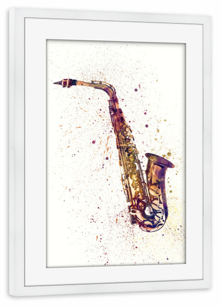 Poster mit Rahmen weiß "Saxophon abstrakte Beige" artboxONE - Musik - Saxophon,Aquarell,Malerei,Musik,Saxophon,Jazz,Instrument,Musical