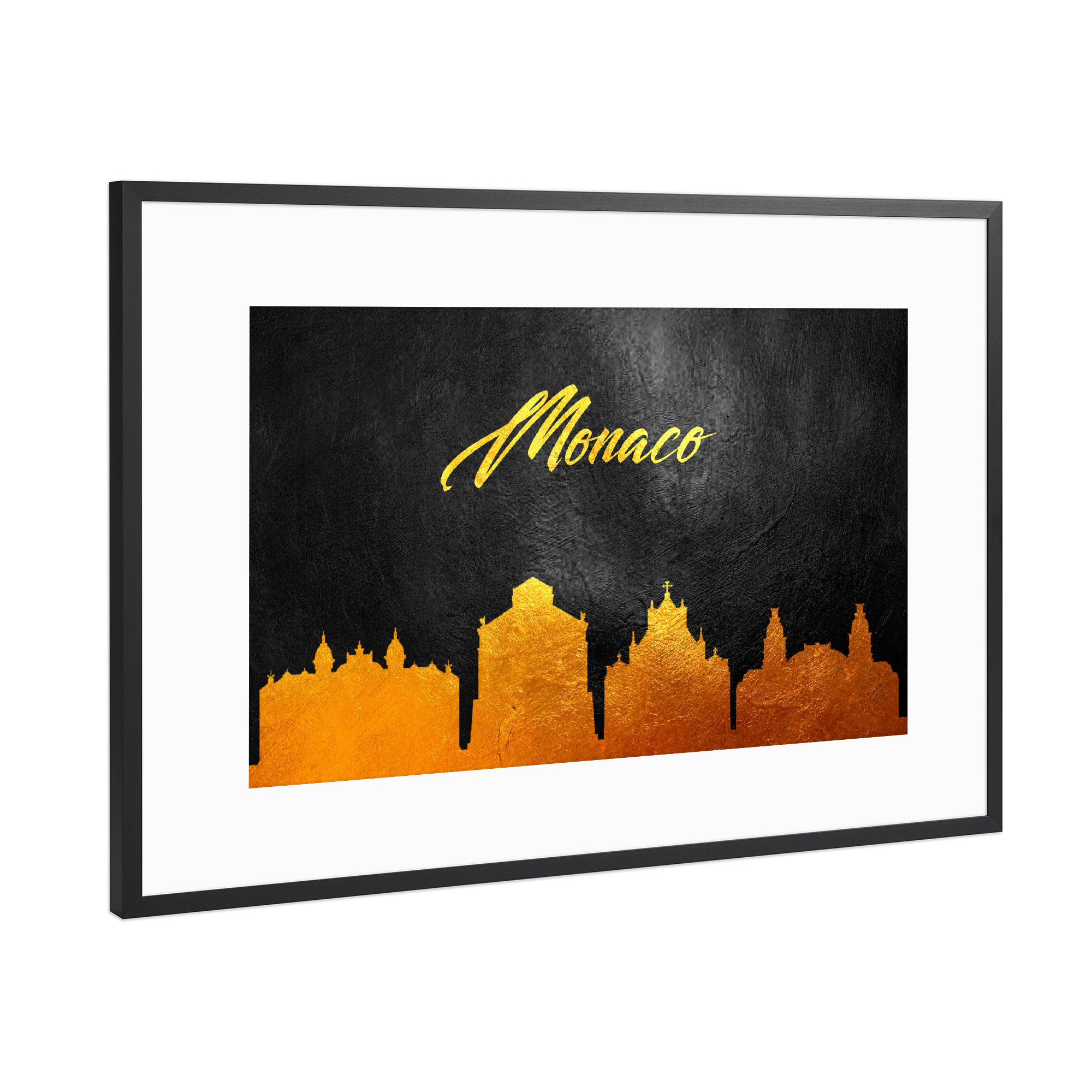 Poster mit Rahmen Schwarz (Metallic) "Monaco Gold-Skyline" artboxONE - Städte - Monaco,Gold,Skyline,Stadt